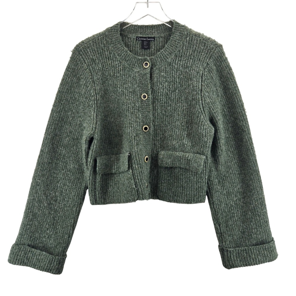Christian Lacroix Womens Sage Green Ribbed Knit Cropped Cardigan‎ Sweater Large